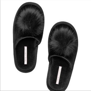 Black Velvet Puff Ball Slippers